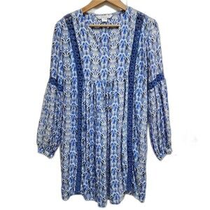 Ella Moss Dress Coverup XS Blue Ikat Crochet Balloon Sleeve Beach Boho
